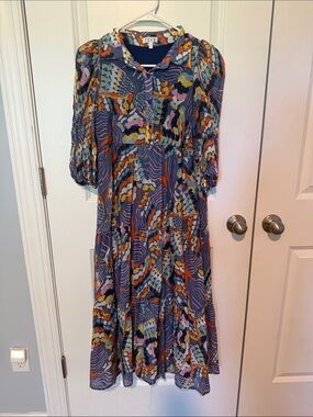 TCEC Navy Multicolor Abstract Tiered Maxi Dress with Puff Sleeves